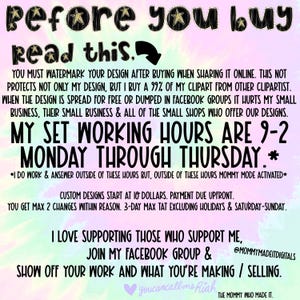 May include: A digital art graphic with the text "Before you buy, read this." The text details working hours, design policies, and support information. The background has a tie-dye effect with pink, blue, and green colors.