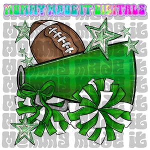 Green Football Cheer PNG: Coquette Bow, Stars, Megaphone (Digital Design