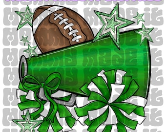 May include: A digital design featuring a green megaphone, football, and pom-poms. The design includes green and white star accents and a bow. The text "MOMMY MADE IT DIGITALS" is at the top.
