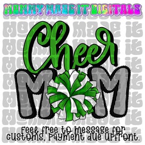 Green Cheer Mom PNG: Coquette Bow Pompoms - Digital Design