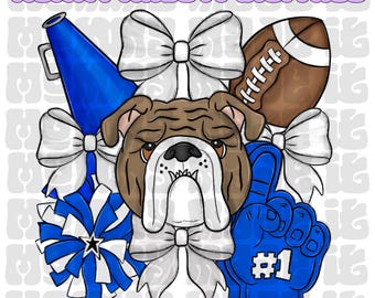 Blue Bulldog Mascot PNG: Coquette Bow, Football, Cheer Spiritwear (Digital Design