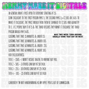 May include: A digital art graphic with the text "Mommy Made It Digitals" in a colorful, retro font. The image includes pricing and exclusivity details for custom digital art, with a note about the artist's current inability to hand draw due to a pen issue.