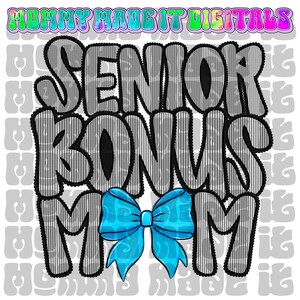 Senior Bonus Mom Coquette Bow PNG light blue and Black Seersucker Design (Digital Download)