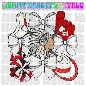 Pode incluir: Gr&aacute;fico digital com um perfil nativo americano, pompons de l&iacute;der de torcida, um dedo de espuma, uma bola de beisebol e uma bota de cowboy. La&ccedil;os brancos e baquetas tamb&eacute;m est&atilde;o inclu&iacute;dos. O texto "MOMMY MADE IT DIGITALS" est&aacute; no topo.