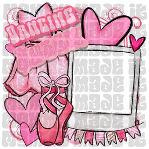 May include: A pink and white graphic design featuring ballet-themed elements. The design includes a pair of pink ballet shoes, hearts, a tutu, and the text "Dancing is my passion". A banner with pink and white patterns is at the bottom.
