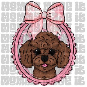 May include: A cartoon illustration of a brown poodle with big black eyes and a pink tongue, framed by a pink oval with a scalloped edge and a pink bow. The background has a repeating pattern of the word "Mom".