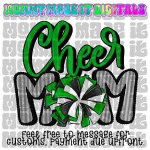 Green Cheer Mom PNG: Coquette Bow Pompoms - Digital Design