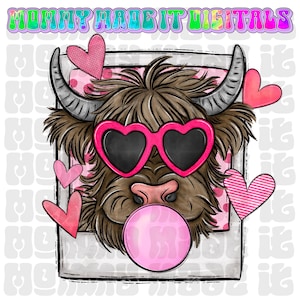Cute Cow Digital File  Highland Cow Bubble Gum Highland Cow Heart Glasses Png Sublimation Design Digital Pink Kids Design Polaroid
