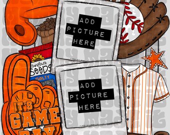 May include: An orange foam finger with the text "IT'S GAME DAY" is featured in this image, along with a baseball glove, baseball, jersey, and other game day items. Two frames with the text "ADD PICTURE HERE" are also included.