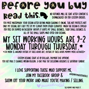 Puede incluir: Un gr&aacute;fico de arte digital con el texto "Antes de comprar, lee esto". El texto es en negro y rosa con acentos de estrellas. El gr&aacute;fico incluye informaci&oacute;n sobre reembolsos, marcas de agua y horarios de trabajo.