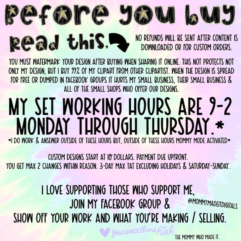 Puede incluir: Un gr&aacute;fico de arte digital con el texto "Antes de comprar, lee esto". El texto es en negro y rosa con acentos de estrellas. El gr&aacute;fico incluye informaci&oacute;n sobre reembolsos, marcas de agua y horarios de trabajo.