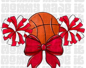 Animadora de baloncesto PNG – Lazo rojo, pompones, diseño deportivo (Descarga digital)