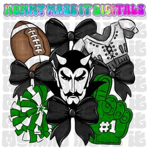 May include: A digital graphic with a football, devil, bows, pom-pom, and a foam hand. The football is brown with white stripes. The devil has a mustache and horns. The foam hand is green with the number one.
