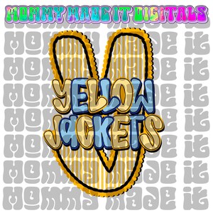 May include: A digital graphic with the words "YELLOW JACKETS" in a peace sign shape. The text is yellow and blue with a black outline, set against a yellow and white striped background. The top banner reads "MOMMY MADE IT DIGITALS".