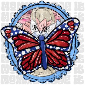 May include: A patriotic butterfly design with red, white, and blue colors. The butterfly is centered within a blue scalloped circle, with a floral design in the background. The wings have white polka dots and red and blue sections.
