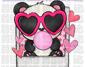 Panda with Bubble Gum & Heart Glasses PNG: Sublimation Design (Digital Download)