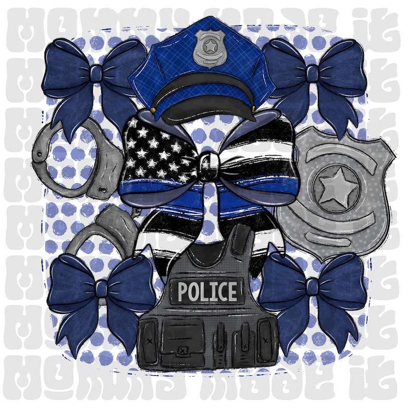 May include: A digital illustration featuring police-themed elements. The design includes a police hat, badge, handcuffs, a vest with "POLICE" text, and bows. The color palette consists of blue, black, white, and gray, set against a blue polka dot background.