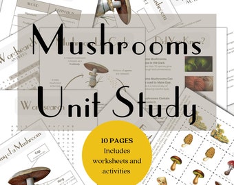 Mushroom Unit Study, Homeschool, learning resource, printable, instant digital download, nature science study, worksheet