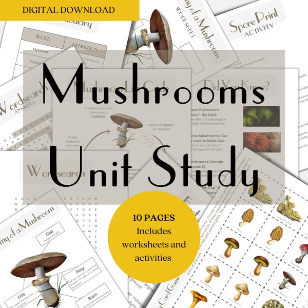 Mushrooms Unit Study, Homeschool, learning resource, printable, instant digital download, nature science study, worksheet