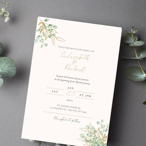 Gold Eucalyptus Wedding Invitation Template,Greenery Wedding invitation,Editable wedding invitation template,Instant Download,canva template