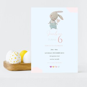 Bunny Birthday Invitation Template,Cute bunny birthday invitation template,Editable Invitation,Printable Invite, Easter Bunny,canva template