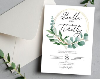 Eucalyptus Wedding Invitation Template, Minimalist Greenery Wedding, Editable and printable greenery wedding invitation, Instant Download