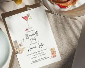 Cocktail Bachelorette Invitation, Printable Bachelorette Party Invitation Template, Editable Bachelorette Template, Beach party invitation