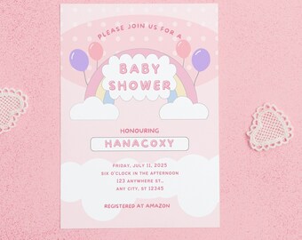 Editable Rainbow Baby Shower Invitation, Pink Baby Shower Invite Template, Girl baby shower invite, editable template, Instant Download