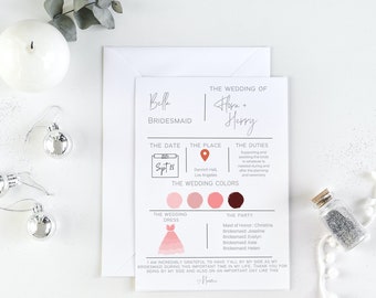 May include: A bridesmaid card with a pink and red color scheme. The card features the names Bella and Flora + Herry, the date September 18th, and the location Denrich Hall, Los Angeles. The card also includes a list of duties for the bridesmaid, including supporting the bride and attending to her needs during the planning and ceremony.