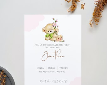 Teddybeer verjaardagsuitnodiging | Rose Bear eerste verjaardagsuitnodiging | Verjaardagsuitnodiging jongen | Teddybeer verjaardag uitnodigen | CANVA-SJABLOON