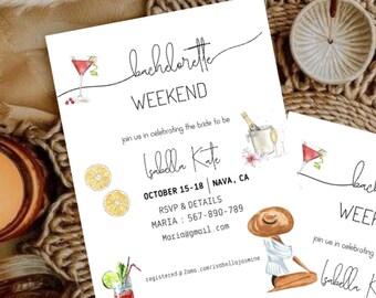 Bachelorette cocktail party invite,Minimalist bachelorette,itinerary weekend party,drinks bachelorette invitation template,instant download