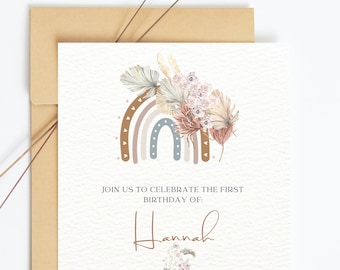 Plantilla de invitación de cumpleaños Boho Rainbow, invitación de terracota Boho del primer cumpleaños, editable, imprimible, invitación terrosa hippie, descarga instantánea