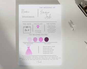 May include: A white wedding details card with text and graphics. The card includes the names of the bride and groom, the date, location, and wedding party details. The color scheme is shades of pink and purple.