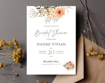 Bridal Shower Invitation Template, Floral Greenery bridal shower invite, Blush floral bridal shower invitation download, printable invite