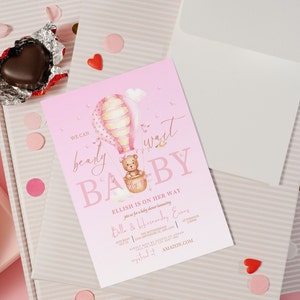 Editable Teddy Bear Hot Air Balloon Baby Shower Invitation, Pink Teddy Bear Baby Shower, We Can Bearly Wait Shower invite, Instant Download