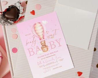Invitation modifiable de douche de bébé de ballon d'air chaud d'ours de nounours, douche de bébé rose d'ours de nounours, nous pouvons Bearly attendre l'invitation de douche, téléchargement immédiat