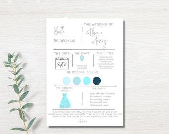 May include: A bridesmaid card with a light blue and white color scheme. The card includes the bride and groom's names, the date of the wedding, the location, the wedding colors, and the bridesmaid's duties. The card also includes a picture of a light blue dress.