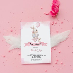 Editable Teddy Bear Baby Shower Invitation, Bear Baby Shower Invite, Printable Bear with Balloons Baby Shower Invitations, canva template