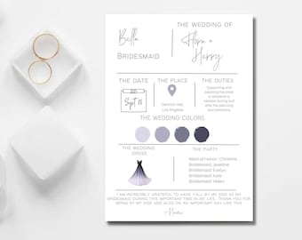 May include: A bridesmaid card with a black and white illustration of a wedding dress, a calendar with the date September 28th, a map pin, and a color palette of purple and gray shades. The card includes the text "Bella Bridesmaid" and "The Wedding of Flora + Herry".