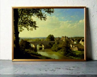 May include: A painting of a stone bridge over a river with a small town in the background. The bridge is arched and has a stone railing. The river is flowing through a green valley. The town is on a hill in the distance. The sky is blue with white clouds.