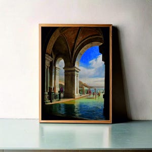 Puede incluir: Una pintura que representa un espacio interior inundado con un techo abovedado y puertas arqueadas. El agua es de un azul vibrante y refleja el cielo y las nubes visibles a través de los arcos. Se pueden ver varias figuras en la distancia, de pie en el agua.