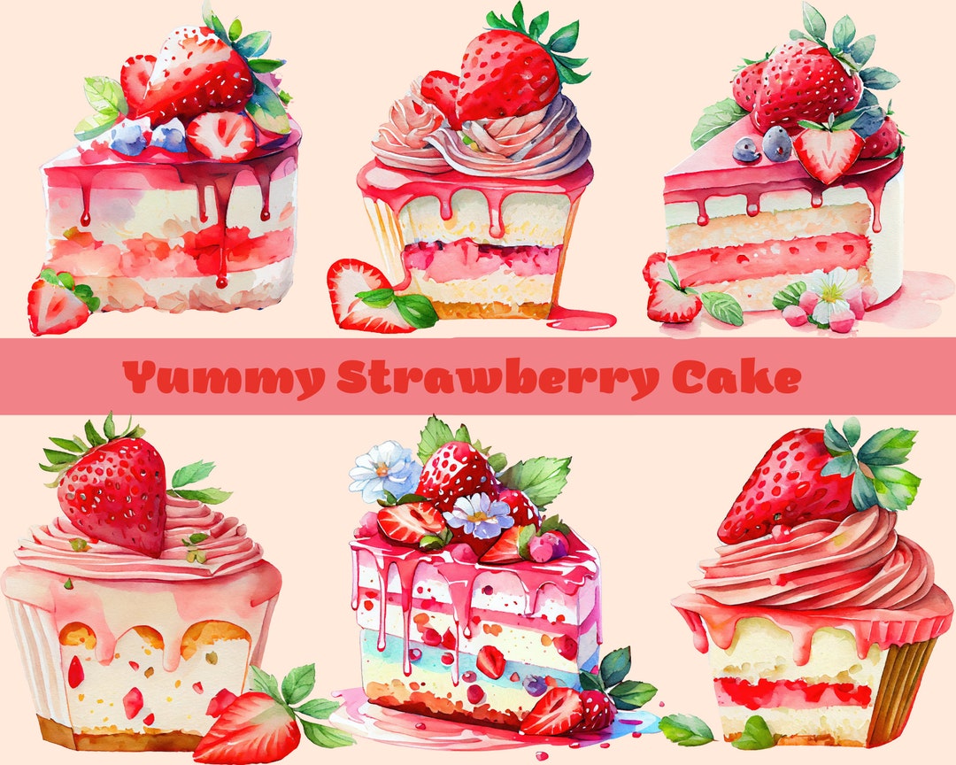 Yummy Strawberry Cake Watercolor Clipart Png Strawberry Cake - Etsy