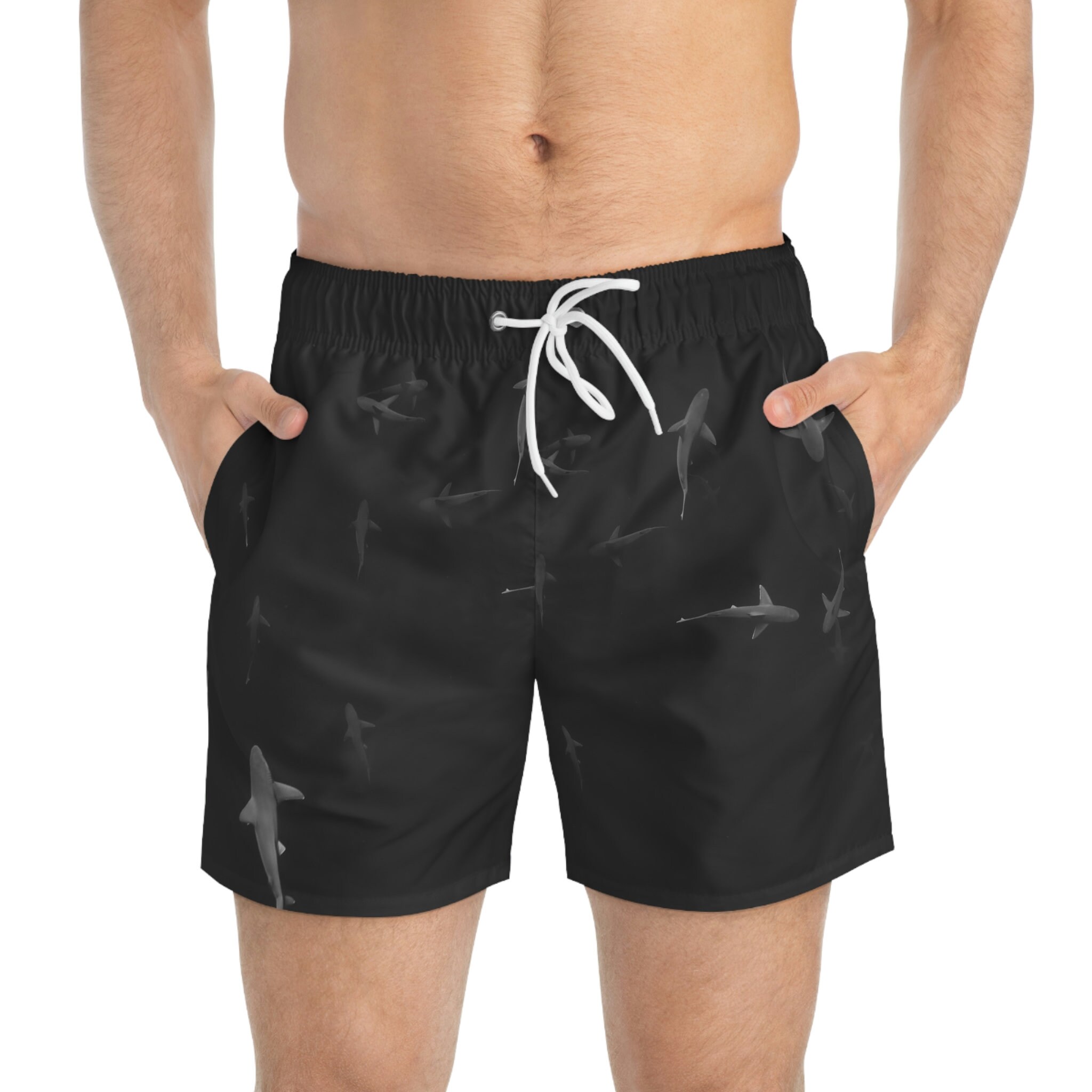 Mens shark shop print swim trunks