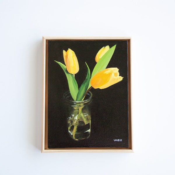 PEINTURE DE TULIPES JAUNES, art floral, natures mortes, art floral original, fleurs jaunes, fleurs peintes à l’huile, pot maçon floral