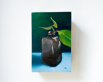 Australian Native Plant Vine in a Vintage Brown Glass Bottle – Small Original Still-life Oil Painting