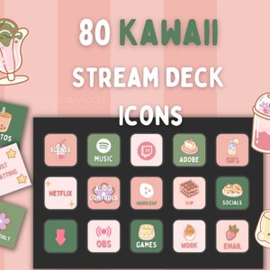 Puede incluir: Un conjunto de 80 iconos kawaii para deck de streaming con diferentes temas, incluyendo fotos, escenas, música, adobe, gifs, solo chateando, solo emoticonos, netflix, controles de audio, handleaf, clip, redes sociales, obs, juegos, trabajo y correo electrónico. Los iconos están en una disposición de cuadrícula sobre un fondo negro con un esquema de color rosa y verde.
