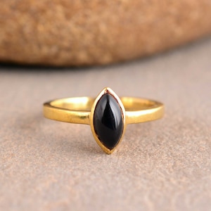 Marquise Black Obsidian Ring: Gold Stacking Brass Ring