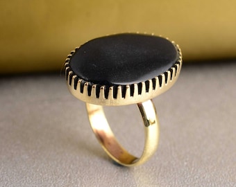 Handmade Black Obsidian Ring: Brass Gemstone Wedding Ring.