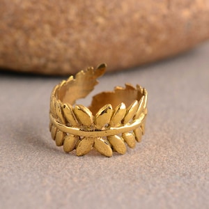 Gold Brass Olive Leaf Ring: Adjustable Boho Floral Ring