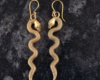 Brass Snake Drop Earrings: Gold Snake Charm Dangle